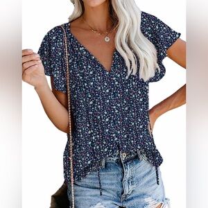 SimpleFun Women's Boho Tops Floral V Neck Short Sleeve Summer Blouse Shirts
